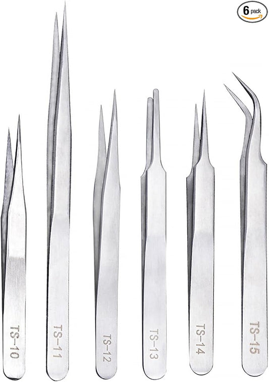 6 Stainless Fine Tip Tweezers Industrial for Electronics Laboratory Work Jewelry-Making Craft, Soldering Multiple Usage