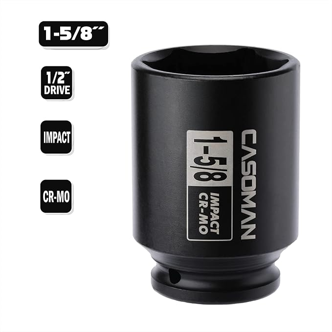CASOMAN 6-Point 1/2-Inch Drive Deep Impact Socket- 1-5/8" (SAE), CR-MO, 1/2-inch Drive 6 Point Axle Nut Socket for Easy Removal of Axle Shaft Nuts (1-5/8")