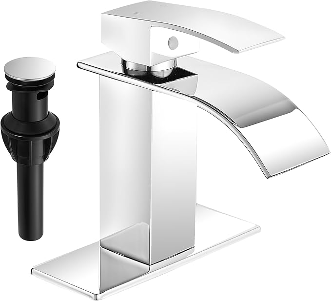 FRANSITON Black Waterfall Bathroom Faucet Lavatory Single Handle 1 or 3 Hole Bathroom Sink Faucet Washbasin Faucet with Deck and Pop-up Drain (Chrome, Short)
