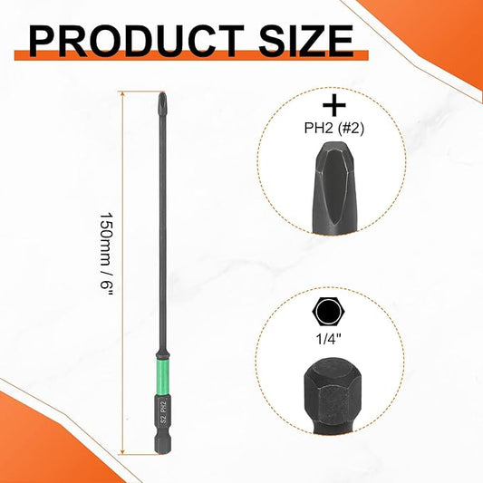 HARFINGTON 5pcs #2 Impact Phillips Screwdriver Bit PH2 1/4" Hex Shank 6" (150mm) Length 0.12" Rod Magnetic Cross Head Drill Bits S2 Steel Industrial Screw Drivers for Impact Power Tools