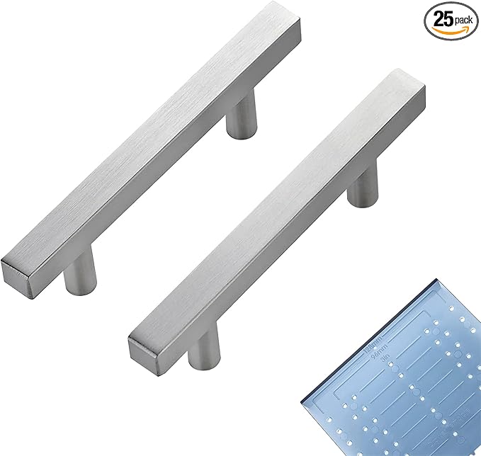 Ravinte 25 Pack 4 Inch Cabinet Pulls Brushed Nickel Sqaure Kitchen Cabinet Handles Silver Cabinet Hardware Stainless Steel Drawer Pulls 6-2/5 Inch Overall Length with Mounting Template