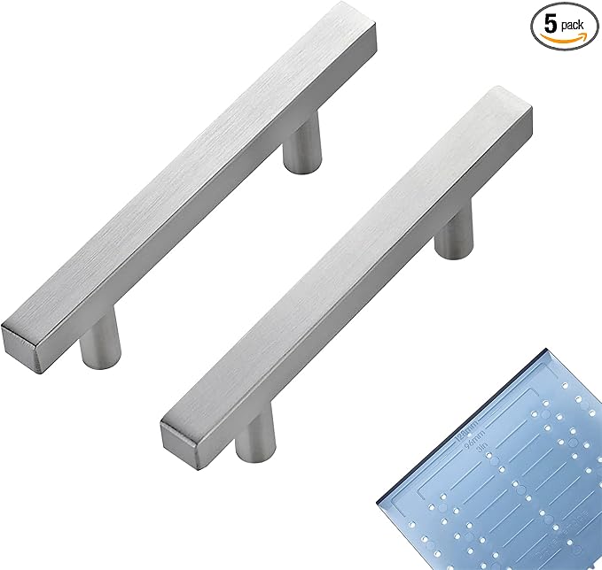 Ravinte 5 Pack 4 Inch Cabinet Pulls Brushed Nickel Sqaure Kitchen Cabinet Handles Silver Cabinet Hardware Stainless Steel Drawer Pulls 6-2/5 Inch Overall Length with Mounting Template