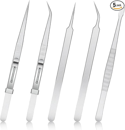 Precision Tweezers Set, 5 Pcs Anti-Static Stainless Steel Long Tweezers Thin Soldering Tweezer Curved of Tweezer for Craft, Electronics, Soldering, Jewelry Making, Laboratory Work
