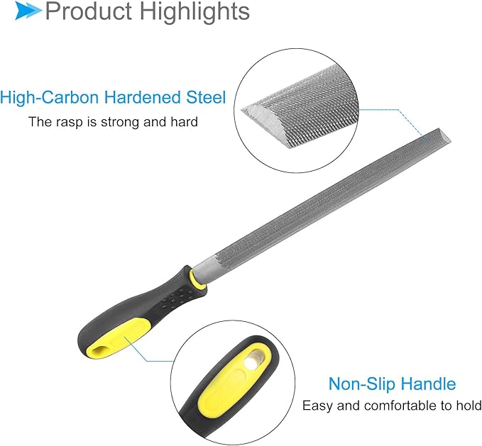 Half Round File, | 8 Inch File Length |, High Carbon Steel Medium Double Cut File Hand Rasp with Anti-Slip Grip Handle - (Applications: for Shaping Metal Wood Plastic), 1-Piece