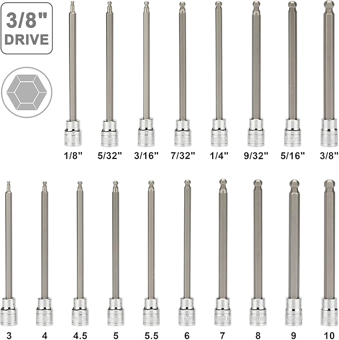 Mayouko 3/8" Drive Extra Long Ball-End Hex Bit Socket Set, 1/8"-3/8", 3-10mm, SAE&Metric, 5.9 Inch Length