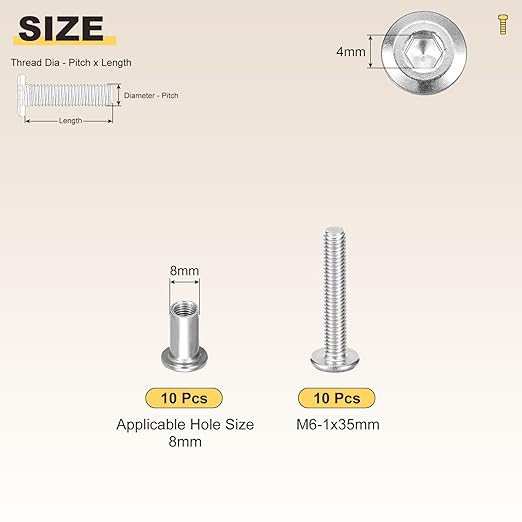 METALLIXITY Crib Screws Replacement Set(M6-1x35mm) 20Pcs Nickel Plating, Connector Bolts M6 Screw Barrel Nuts Binding Screws, for Chair Cabinet Bed, Silver