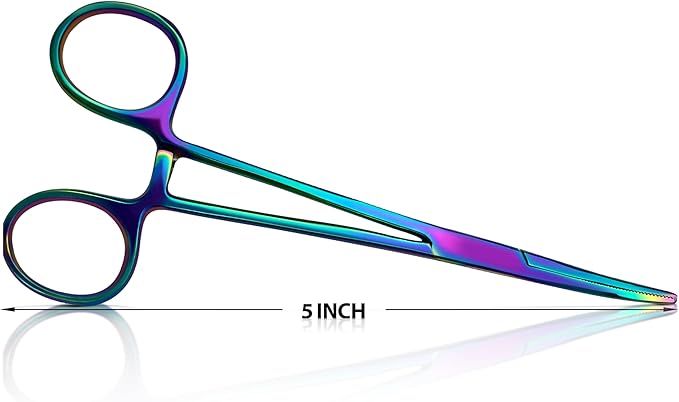 Bandage, Castroviejo, & Iris Scissors, & Kelly, & Mosquito Forceps Rainbow - Stainless Steel, DIY Crafting Scissors and Forceps Multicolors (Mosquito Forceps, 5 inches Curved)