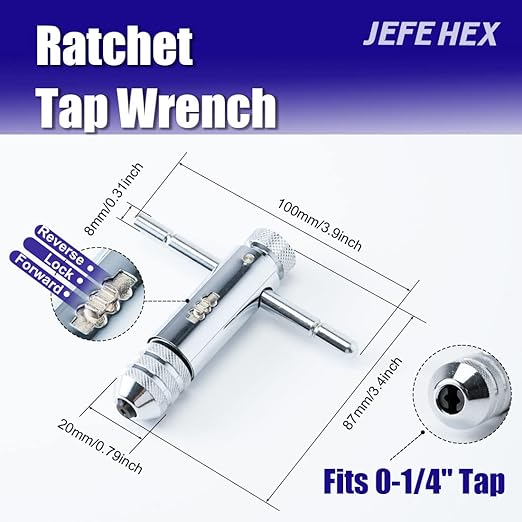 JEFEHEX 18pcs Drill and Tap Set with 1 Piece T-Handle Ratchet Tap Wrench, Tap Range 6-32NC??/2"-13NC, Black and Gold Premium HSS Jobber Length Drill Bits and Hand Plug Taps with Metal Indexed Box