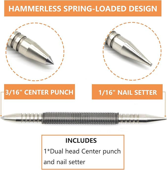 1/16?쿏ual Head Nail Setter and 3/16?쿎enter Punch, 3500 PSI Striking Force Counter Punch Spring Nail Set