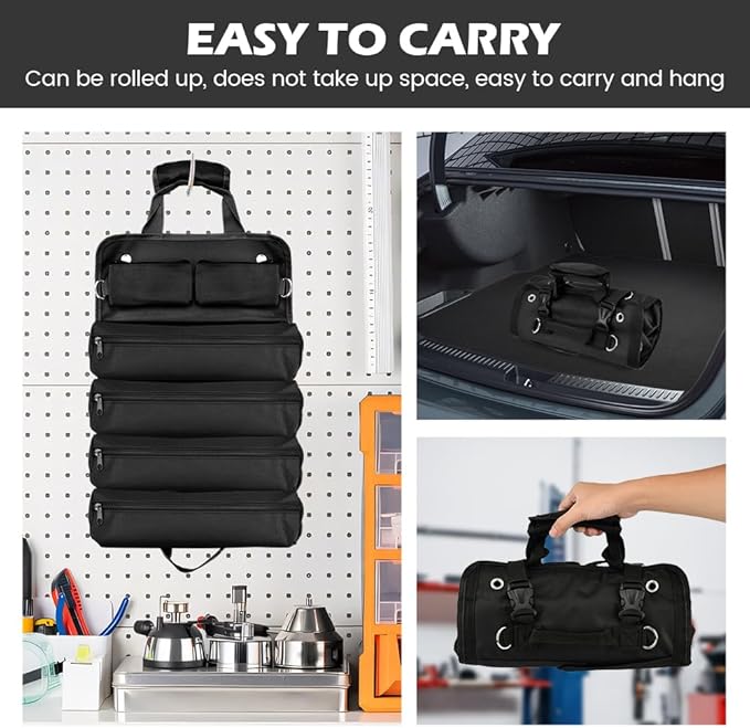 Roll Up Tool Bag, Heavy Duty Tool Organizer with 5 Compartments & 2 Detachable Pouches, Portable Foldable Waterproof Tools Bag for Dad Men Electrician Mechanic Gifts (COLOR:Black)