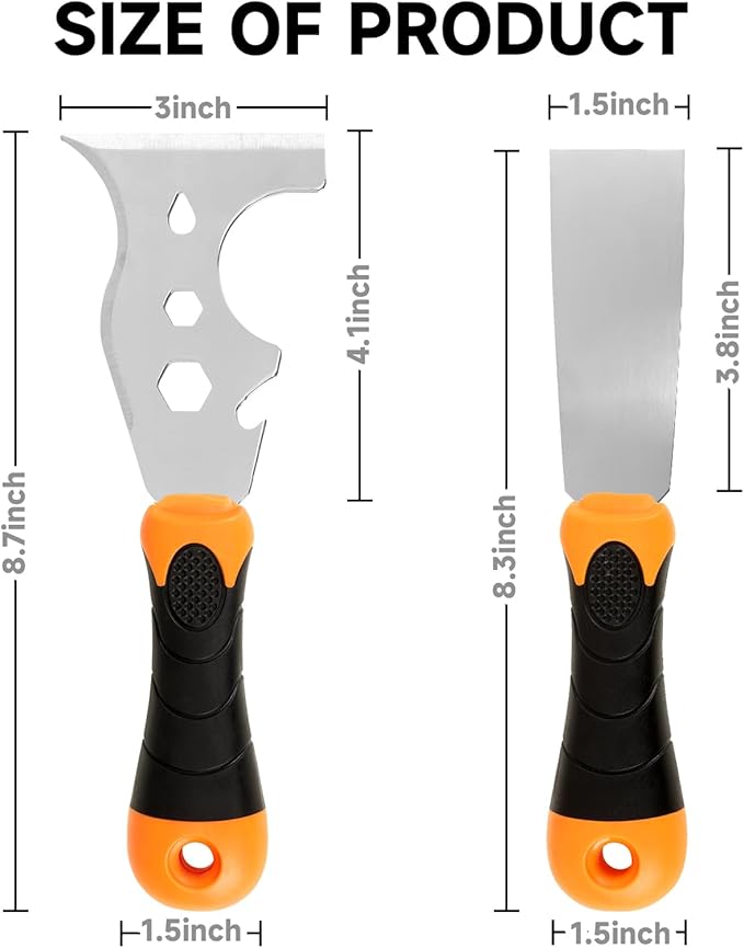 WEGAZ-2 Pack, 12-In-1 Paint Scraper Tool竊똌ulti-Use Painters Tool, 1.5 Inch Stainless Steel Putty Knife Scraper竊똏aint Scraper for Painting & Wood竊똓azor Blade Scraper