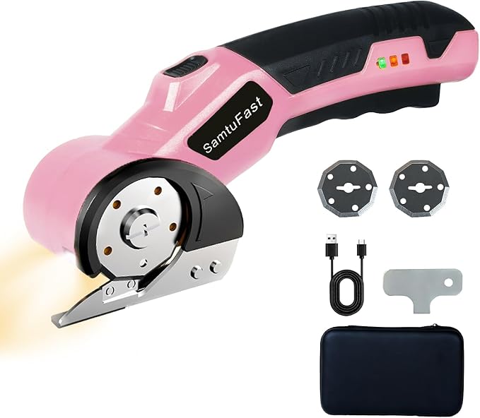 Cordless Electric Scissors, 4V Rechargeable Cardboard Box Cutter with Storage Box,2 Blades,USB Charging Cable, Powerful Rotary Cutters for Carton Plastic Fabric Leather Carpet(Pink)