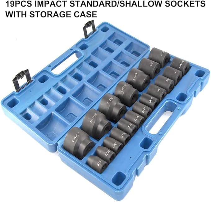 MacWork 19 Piece 1/2-Inch Drive Standard/Shallow Impact Socket Set, SAE, 3/8" to 1-1/2", CR-V&Cr-Mo Alloy Steel, 6-point Hex Radius Corner Design