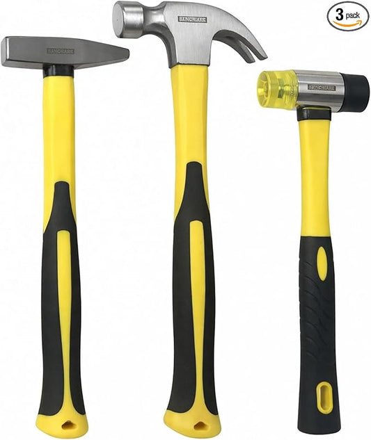 Benchmark - 3 Piece Hammer Set; 16 OZ. Claw Hammer, Tack Hammer; Rubber Mallet (Double SIded); Shock Absorbing Rubber Grips, Durable Fiberglass Handles And Polished Steel Heads