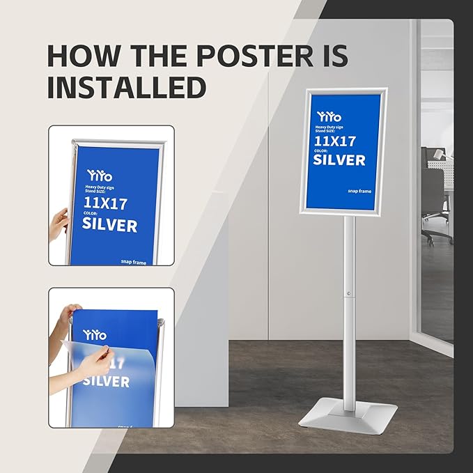 YIYO Sign Stand Poster Stand竊똞djustable heavy duty pedestal Sign Holder Floor Stand竊똞luminium frame floor standing for display 11*17 inch竊똕ilver (11*17 Silver)