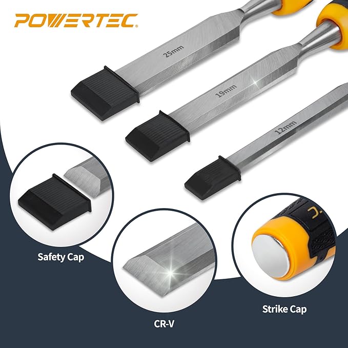 POWERTEC Wood Chisel 3 Piece Set - 1", 3/4" & 1/2" Bevel-Edge Bench Chisels with Strike Cap, Drop Forged Chrome Vanadium Steel Blades for Woodworking, Joinery, Mortising, Paring and Trimming (72136)