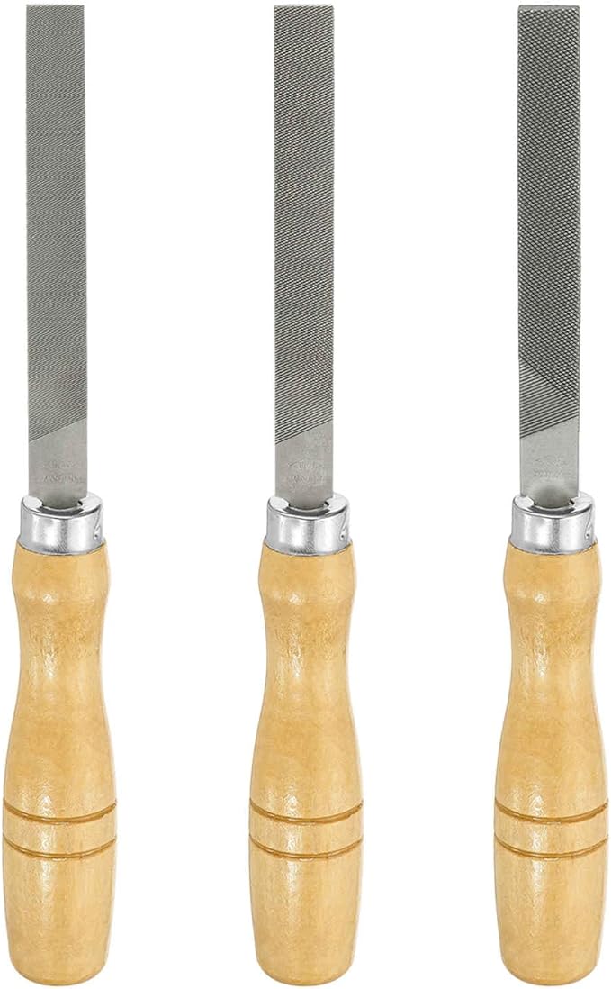 HARFINGTON 3pcs Flat Cut File 4" Double Cut Teeth High Carbon Steel Hand Rasp File with Wood Handle for Metal Wood Deburring Removing