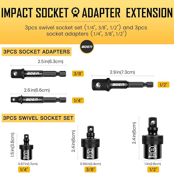 BOEN 6PCS Impact Universal Joint Sockets and Drill Adapters, 1/2" 1/4" 3/8" Drive Swivel Socket Set for Impact Wrench, CR-MO Steel Universal Joint Adapter Wobble with Storage Case