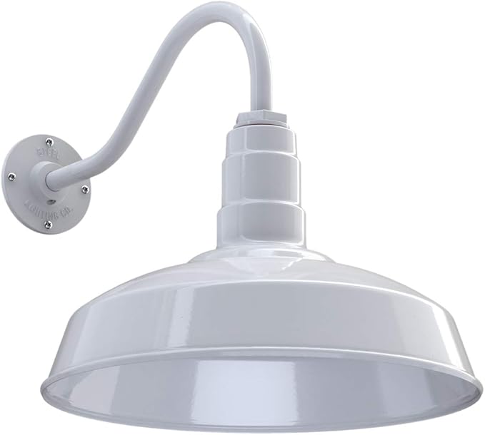 Steel Lighting Co. | Dusk to Dawn | Gardena Barn Light | Outdoor Wall Mounted | 16" Dome | 16" Gooseneck | Farmhouse Light Made in America | White Exterior/White Interior