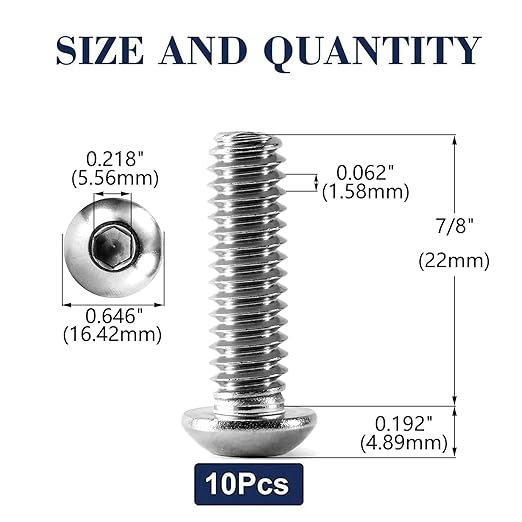 3/8-16 x 7/8" Button Head Socket Cap Bolts Screws, 10Pcs 304 Stainless Steel 18-8, Allen Hex Drive, Bright Finish by SG TZH(with Hex Spanner)