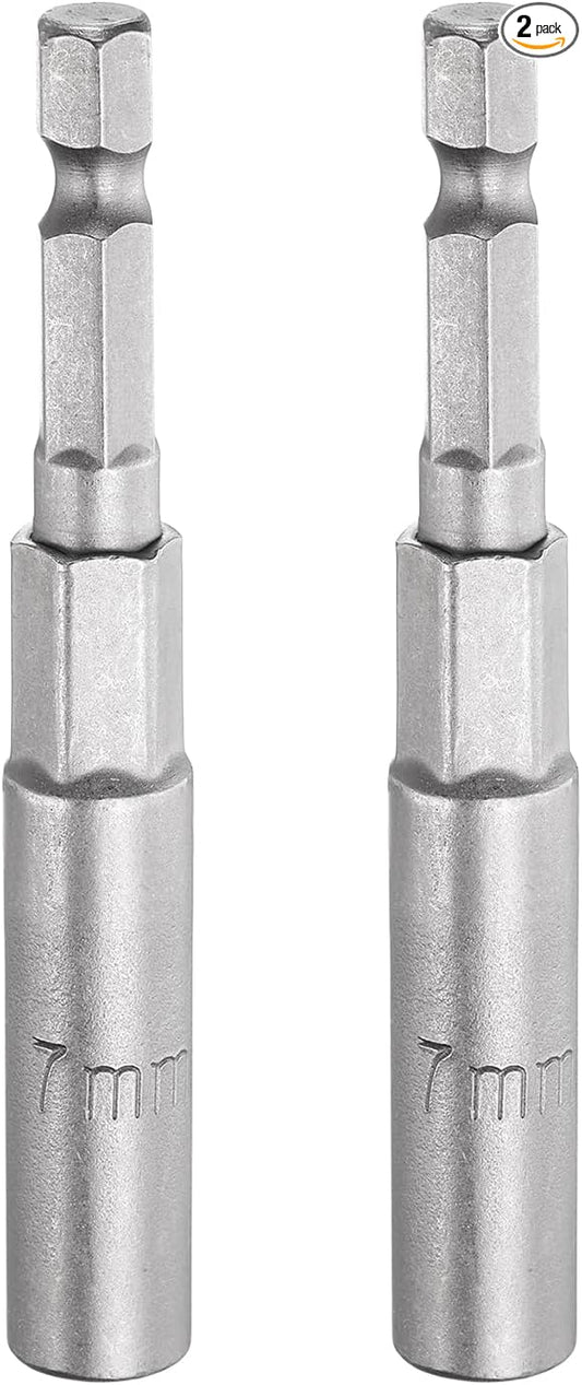 HARFINGTON 2pcs Nut Driver Drill Bit 7mm Metric Socket 1/4" Hex Shank 3.15" (80mm) Long 6-Point Sockets Quick Change CR-V Steel Bolt Setters for Power Drill Drivers