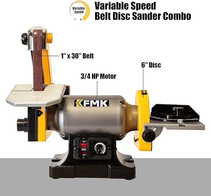 Variable Speed 1" x 30" Belt & 6" Disc Sander Combo, 3/4 HP Direct-Drive Motor, 2000??400 RPM Disc / 1909??248 SFPM Belt, Adjustable Work Tables & Miter Gauge, Benchtop Sander for Wood & Metal