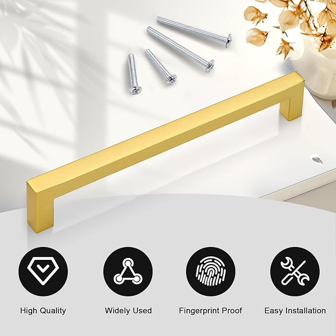 Probrico Modern Cabinet Pulls Gold Cabinet Handles Square Drawer Pulls, 7-1/2 Inch Stainless Steel Kitchen Door Cupboard Cabinet Handles, 192mm Hole Centers Drawer Hardware Handles 10 Pack