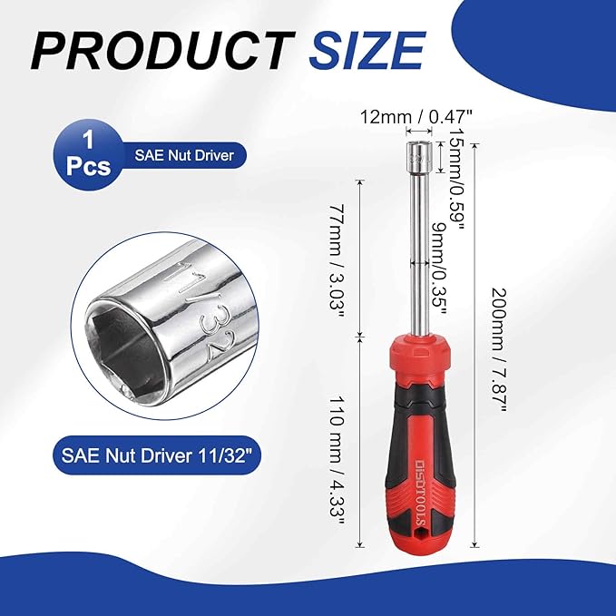 HARFINGTON SAE Nut Driver 11/32" CR-V Non-Magnetic Tip Hollow Shafts Hex Socket Screwdriver with Anti-Slip Handle for Automobile Repair Bit Driver
