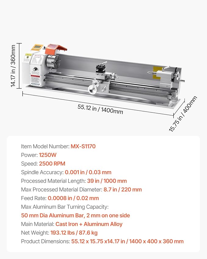 VEVOR Metal Lathe Machine, 8.7 x 39 in, Precision Bench Power Metal Lathe, Automatic Feed, 0-2500 RPM Variable Speed, 1250W Brushless Motor, for Processing Precision Parts Soft Metals Wood Plastics