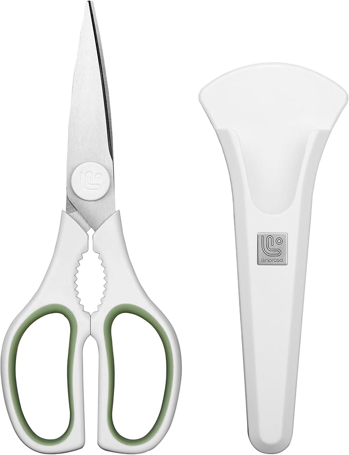 Linoroso Kitchen Scissors All Purpose Kitchen Shears with Magnetic Holder, Soft Grip Handle Cooking Scissors Dishwasher Safe with Come Apart Blade Heavy Duty Scissors for Meat, Vegetable, Herb, White