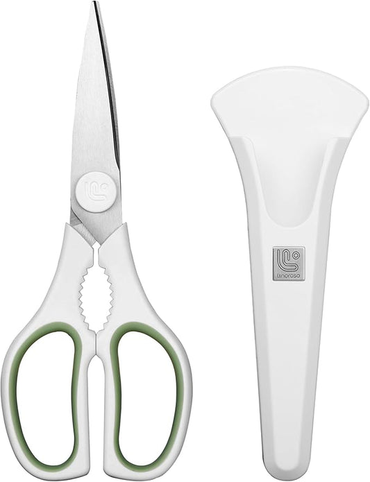 Linoroso Kitchen Scissors All Purpose Kitchen Shears with Magnetic Holder, Soft Grip Handle Cooking Scissors Dishwasher Safe with Come Apart Blade Heavy Duty Scissors for Meat, Vegetable, Herb, White