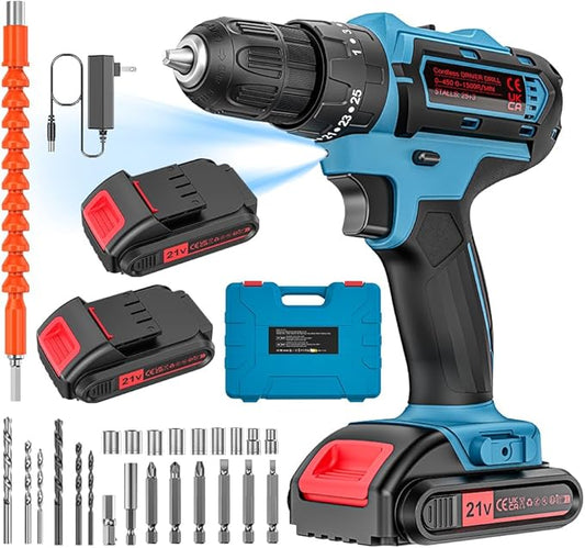 21V Cordless Drill with 2 Batteries and Charger, 25+1+1 Torque Setting Electric Drill with 26 Acessories, Built-in 3/8'' Keyless Chuck, LED Light, Max 398 in/lb Electric Screwdriver