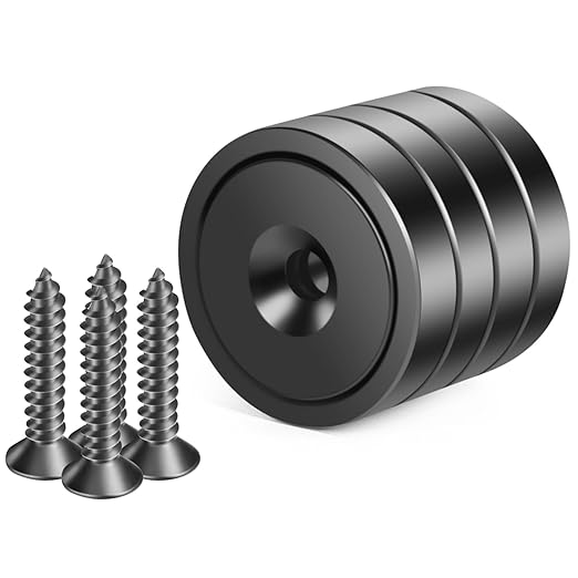 Neosmuk Magnets with Screws,60lbs+ Heavy Duty Rare Earth Neodymium Mounting Magnets with Holes,Countersunk Round Disc Industrial Magnets for Wall Mounting,4 Pack,Black