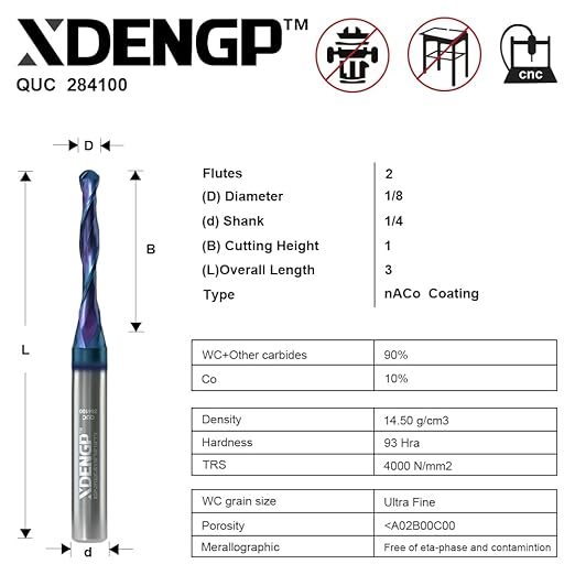 Up Cut Ball Nose Router Bit for CNC, 1/8 inch Cutting Diameter and 1 inch Cutting Length 1/4 inch Shank with NACO Coated Carbide End Mill for Wood Side Milling End Milling, Finish Machining