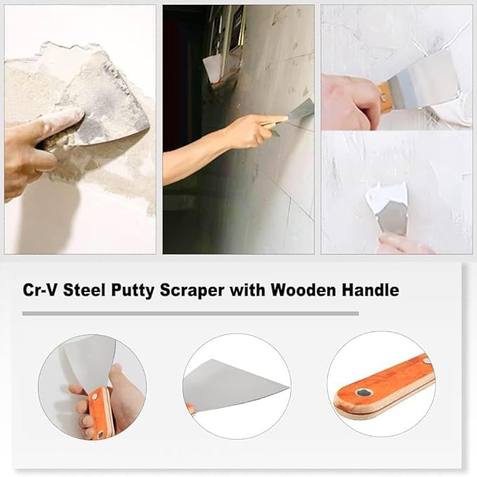 Utoolmart 2Pcs Putty Knife, 6 Inch Carbon steel Stiff Putty Knives, Spackle Knife, Paint Scraper, Scraper Tool with Wooden Handle for Taping Paint Wall Floor Tile