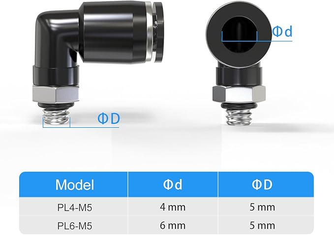 TAILONZ PNEUMATIC Male Elbow 6mm Tube OD x M5 Thread 90 Push to Connect Fittings PL6-M5 (Pack of 2)