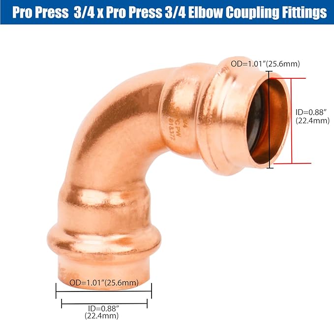 WHK 10 Pack 3/4" Propress x 3/4" Pro press Copper 90 Degree Elbow Crimp Press Fittings Adapter Coupling Propress 0.75??inch Cooper to Cooper Pipe Connection (Lead-Free)