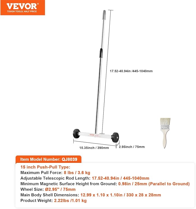 VEVOR Magnetic Sweeper with Wheels, 15inch Mini Magnetic Sweeper, 8 lbs Capacity, Adjustable Handle, Lightweight Magnetic Pickup Sweeper to Pick Up Nails and Screws, Easy Cleanup of Workshop Garage