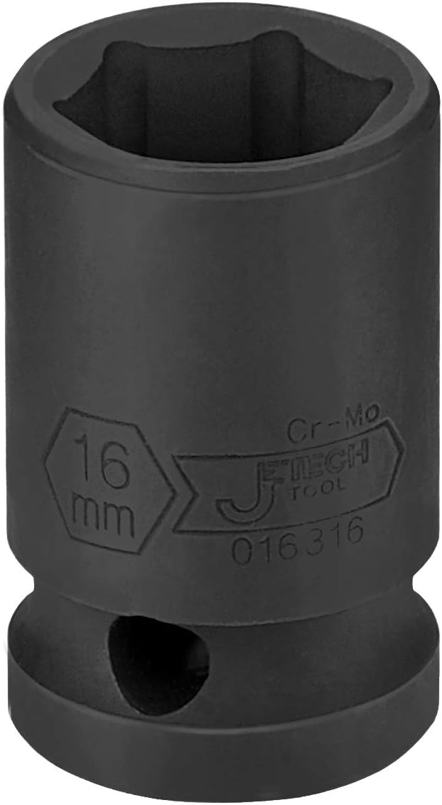 JETECH 1/2 Inch Drive 16mm Standard Impact Socket, Chrome Molybdenum Alloy Steel, 6-Point Design, Metric