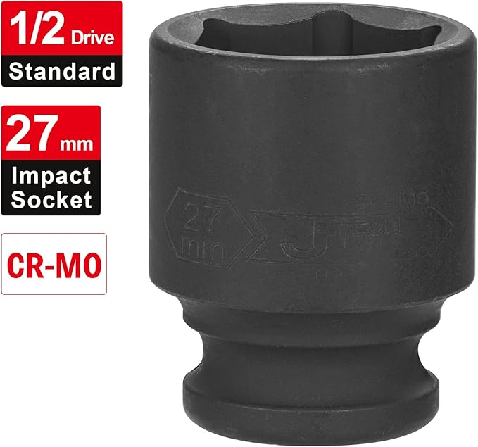 JETECH 1/2 Inch Drive 27mm Standard Impact Socket, Chrome Molybdenum Alloy Steel, 6-Point Design, Metric