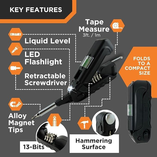 Kelvin Tools Kelvin 17 | The Palm-Sized Everyday Multi-Tool Set | 17 Integrated Tools: 13 Bit Screwdriver Set, Tape Measure, Liquid Level, Hammer, and Flashlight (Orange)