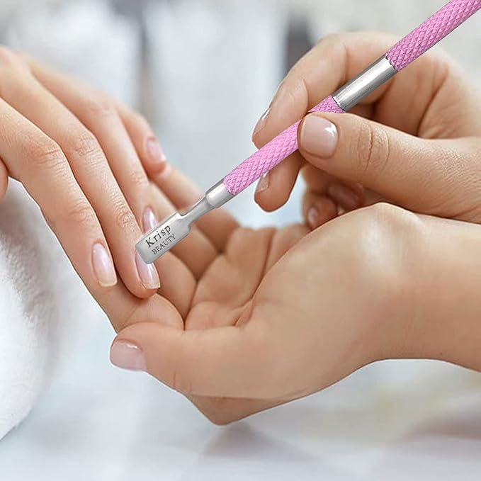 Cuticle Pusher Tool - Dual Sided Sharp Edge Spoon Shaped Double Ended Cuticle Pusher Remover Cuticle Cleaner Stainless Steel Manicure Pedicure Nail Art Care Tools Set 1 Pc By Krisp Beauty (Pink)
