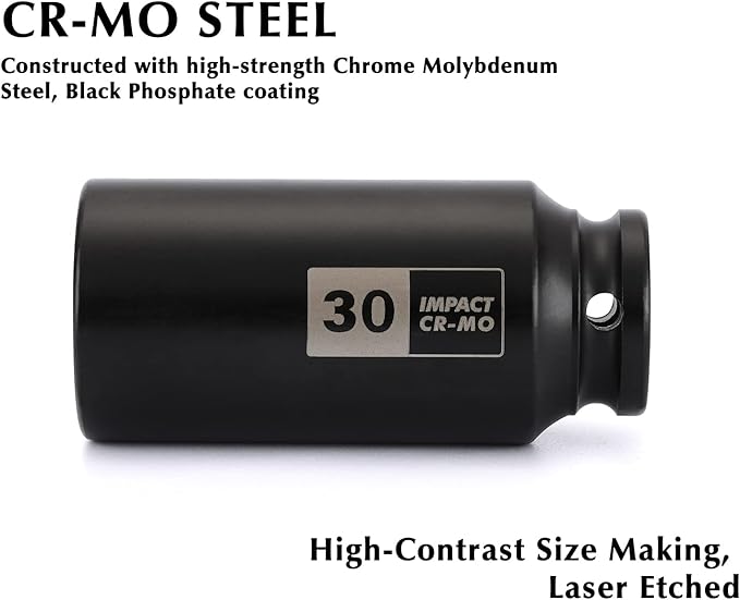 EMENTOL 1/2 Inch Drive Deep Spindle Axle Nut Impact Socket, CR-MO, 12 Point, Metric, Deep 12PT Impact Socket - 30mm