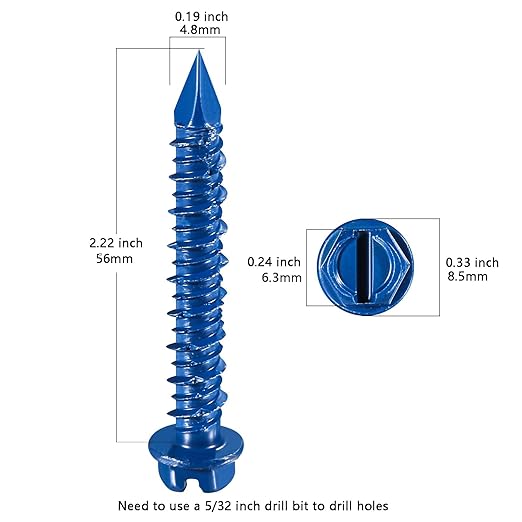 Wensilon(100 PCS) 3/16" * 2-1/4" Slotted Hex Concrete Screws Anchor Blue Hexagon Head for Anchoring to Masonry, Block or Brick Stucco