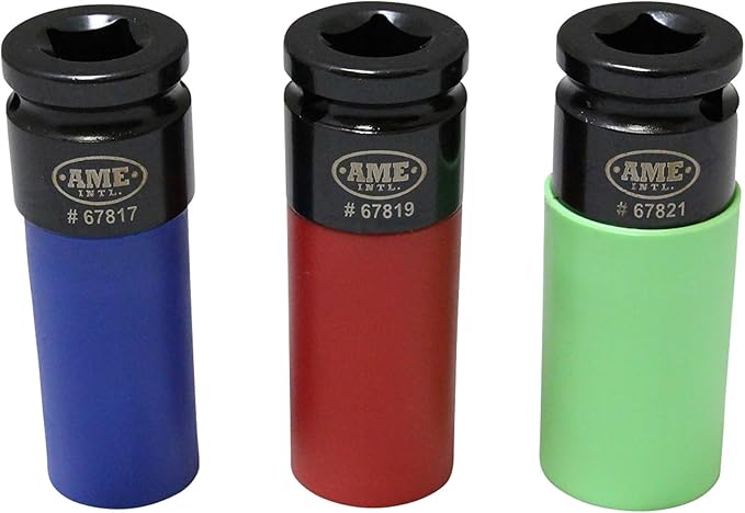 AME INTL 3 Piece SplinePlus Socket Set, 17mm, 19mm, 21mm,Blue, Red, Green,67800