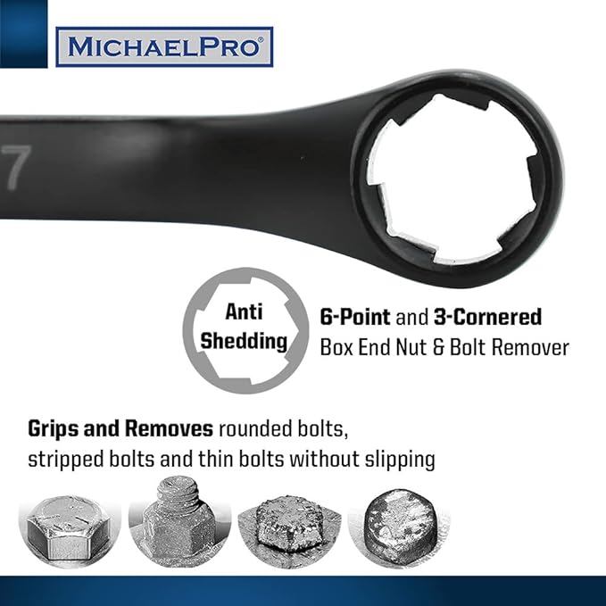 MichaelPro 7-Piece Bolt Extractor Wrench Set, 45째 Offset Wrenches Metric 6-19mm, 6-Point Box End Nut for Rounded, Stripped and Thin Bolts Removal, CR-V Steel, Storage Tray is Included - MP001217