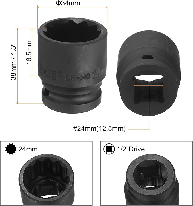 uxcell 1/2" Drive x 24mm Shallow Impact Socket 12-Point Metric CR-MO Steel Nut Impact Grade Socket for Auto Repair