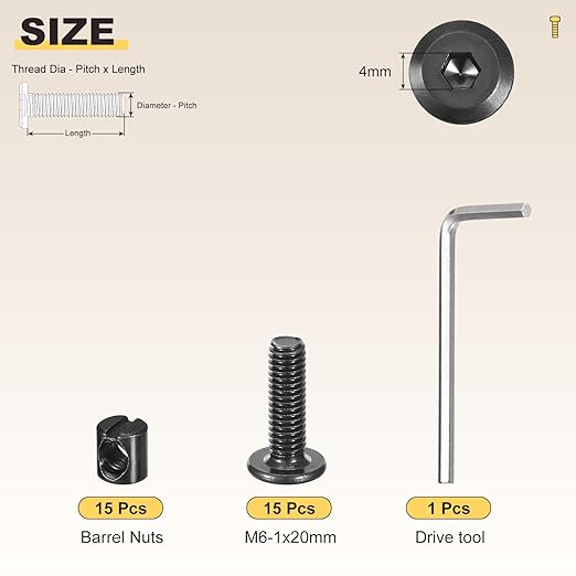 METALLIXITY Furniture Crib Screws Replacement Set with Wrench(M6-1x20mm) 30Pcs, Connector Bolt M6 Screw Barrel Nuts Binding Screws, for Chair Cabinet Bed, Black