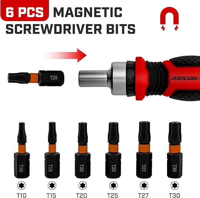 Magnetic Torx Screwdriver Set: 6 in 1 Multi Bit Drive Set with Interchangeable Ratchet Handle - Portable Repair Tool Kit for DIY Bicycle Furniture - Stocking Stuffers with Gift Box