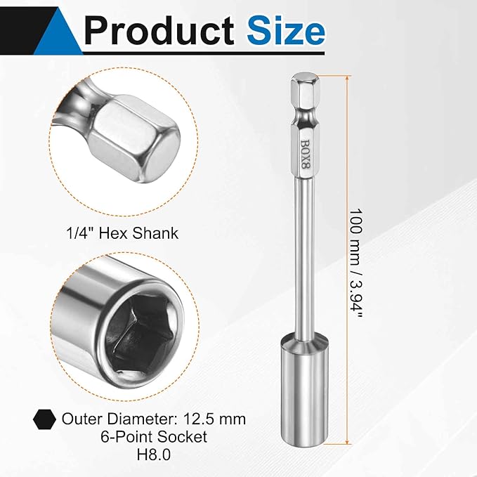 HARFINGTON 3pcs Nut Driver Drill Bit 8mm Metric Socket 1/4" Hex Shank 3.94" (100mm) Long 6-Point Socket Quick Change CR-V Steel Bolt Setters for Power Drill Driver